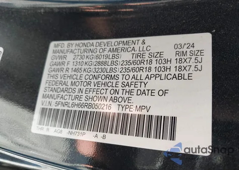 2024 Honda Odyssey Ex-L z USA, uszkodzony, nr VIN 5FNRL6H66RB050216
